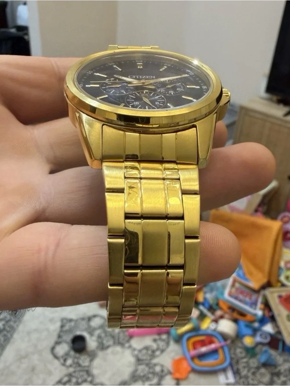 Citizen Gold Multi-Function Mens Quartz Watch AG8342-52L Black Blue Dial 42mm